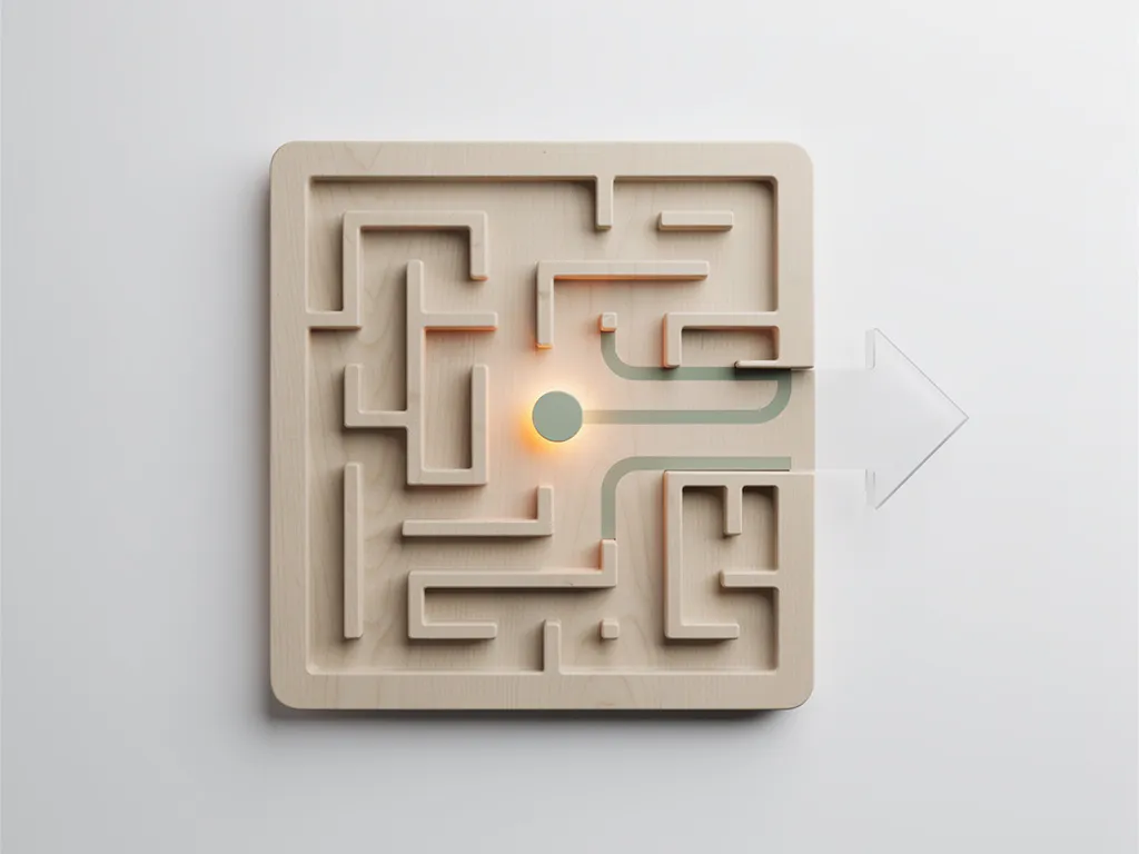 Houten doolhofpuzzel op wit bureau met gloeiend speeltoken langs het juiste pad geleid door een geometrische pijl.
