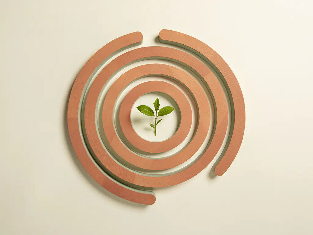 Houten labyrintpad dat spiraalvormig naar binnen leidt, met een klein groen zaailing in het midden op een ivoren ondergrond.