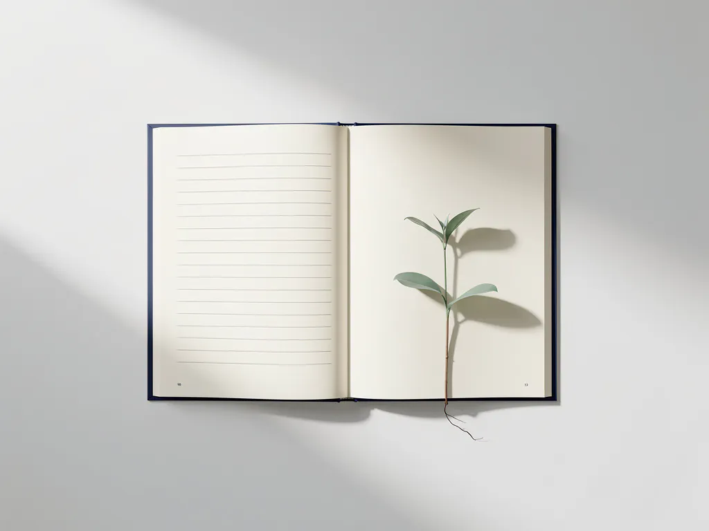 Open boek waaruit een kleine groene plant ontspruit op een wit bureau, minimalistische compositie in marineblauw, saliegroen en ivoor.