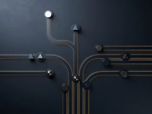 Verlichte route die zich vertakt in meerdere paden met geometrische speelstukken, bovenaanzicht in middernachtblauw en amber tinten.
