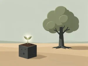 Gloeiende zaailing op een aardkluitje naast een volwassen boom op een vlakte, symbool voor micro- en macroleren.