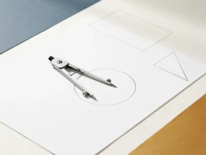 Passer die een perfecte cirkel tekent op wit tekenpapier, omringd door strakke geometrische vormen in leisteenblauw en amber.