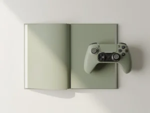 Open leerboek en gamecontroller op wit bureau, bovenaanzicht in rustieke salie- en ivoorkleurige tinten.