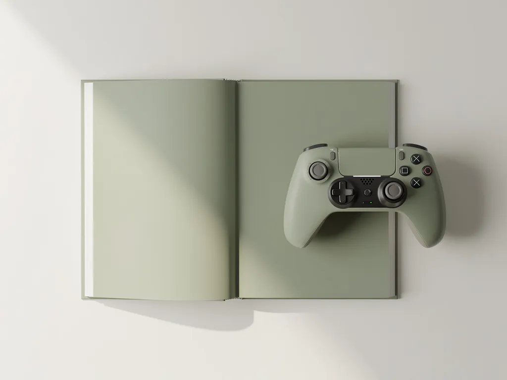 Open leerboek en gamecontroller op wit bureau, bovenaanzicht in rustieke salie- en ivoorkleurige tinten.