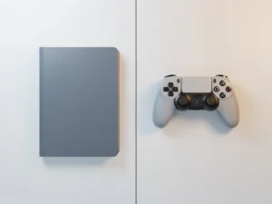 Studieboek en gamecontroller naast elkaar op wit oppervlak, minimalistische bovenaanzicht met leisteenblauw en amberkleurige tinten.