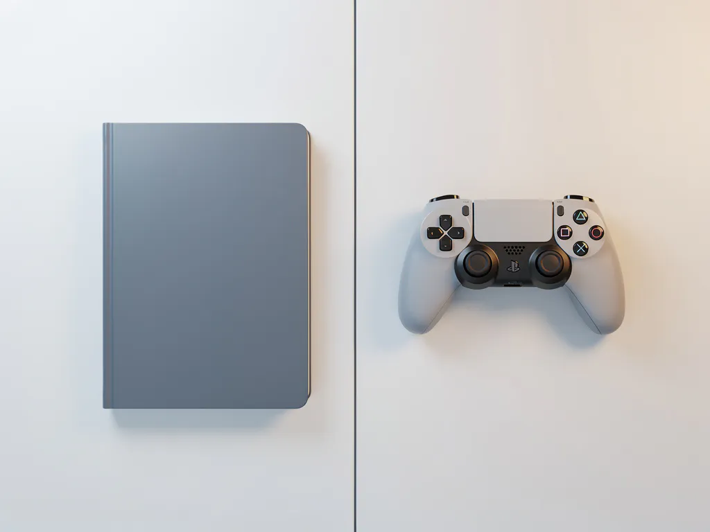 Studieboek en gamecontroller naast elkaar op wit oppervlak, minimalistische bovenaanzicht met leisteenblauw en amberkleurige tinten.