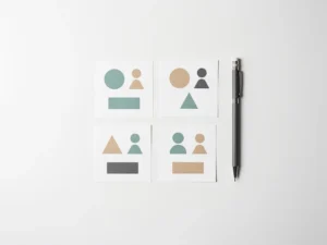 Leerdesigner rangschikt kleurgecodeerde leerlingprofielkaarten met geometrische vormen op wit bureau, potlood ernaast, bovenaanzicht.