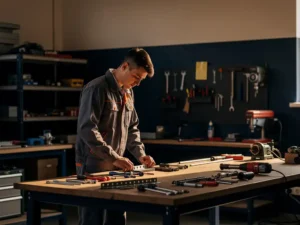 Mbo-student in werkkleding oefent een praktijkvaardigheid in een authentieke werkplaats, omringd door gereedschap en materialen.