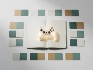 Gloeiende gamecontroller in een open notitieboek op wit bureau, omringd door geometrische leermodules in teal en zandtinten.