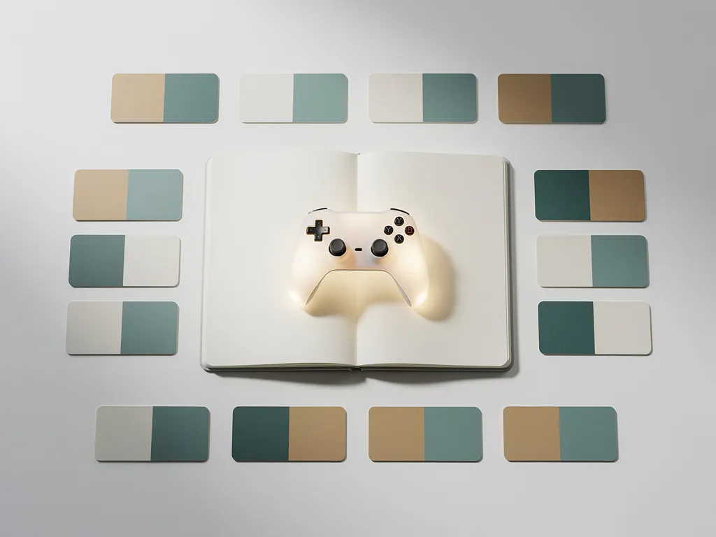 Gloeiende gamecontroller in een open notitieboek op wit bureau, omringd door geometrische leermodules in teal en zandtinten.
