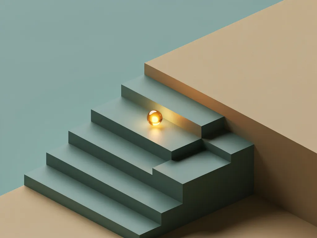Gloeiende bol op het laagste niveau van geometrische platforms in isometrisch perspectief, symboliseert digitaal leerproces in teal en amber tinten.