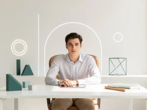 Jonge professional aan wit bureau met tablet, omgeven door geometrische vormen die leerpaden symboliseren, in rustige minimalistische werkruimte.