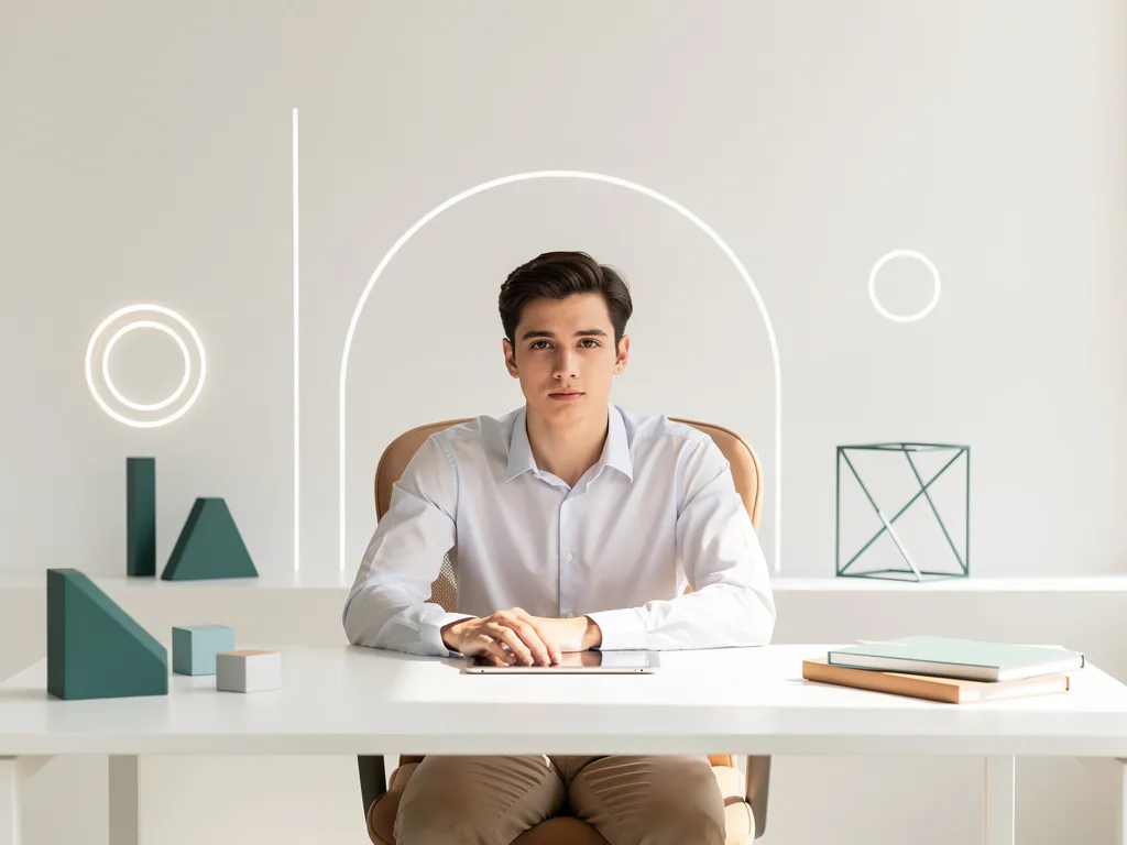 Jonge professional aan wit bureau met tablet, omgeven door geometrische vormen die leerpaden symboliseren, in rustige minimalistische werkruimte.