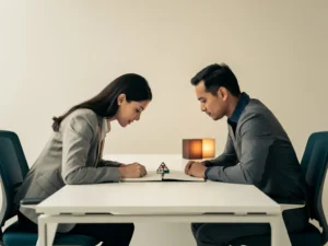 Lijnmanager en medewerker in gesprek over open notitieboek aan wit bureau, met geometrisch speelstuk als verbindend element.