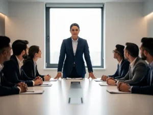 Manager staat aan hoofd van vergadertafel in modern kantoor, team luistert aandachtig in zacht amberkleurig licht.