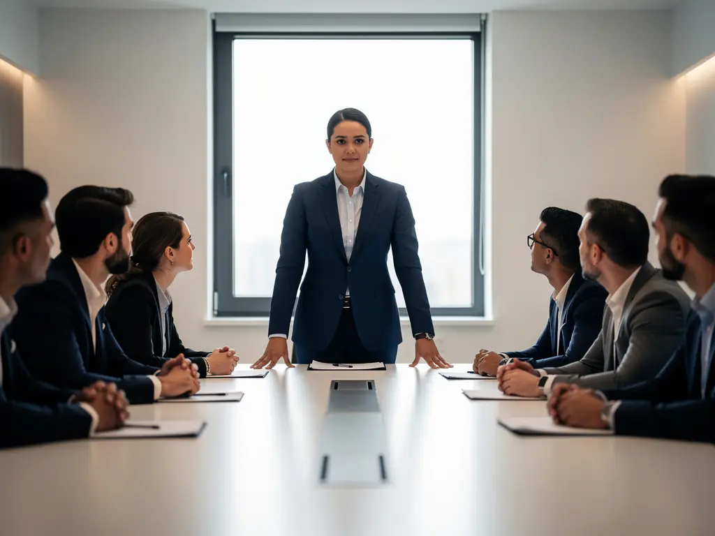 Manager staat aan hoofd van vergadertafel in modern kantoor, team luistert aandachtig in zacht amberkleurig licht.