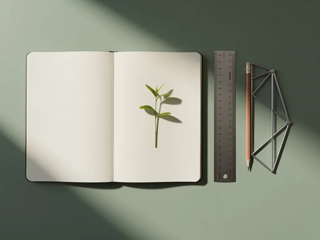 Open notitieboek met een kleine plantspruit op een minimalistische bureau, potlood en liniaal ernaast, saliegroen en ivoor tinten.