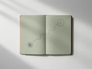 Open notitieboek op wit bureau met potloodtekening van een pad van zaadvorm naar doelcirkel, minimalistische stijl.