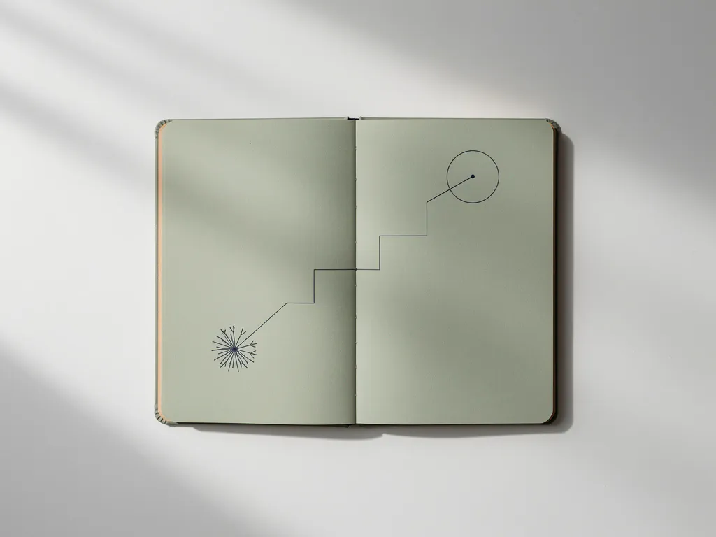Open notitieboek op wit bureau met potloodtekening van een pad van zaadvorm naar doelcirkel, minimalistische stijl.