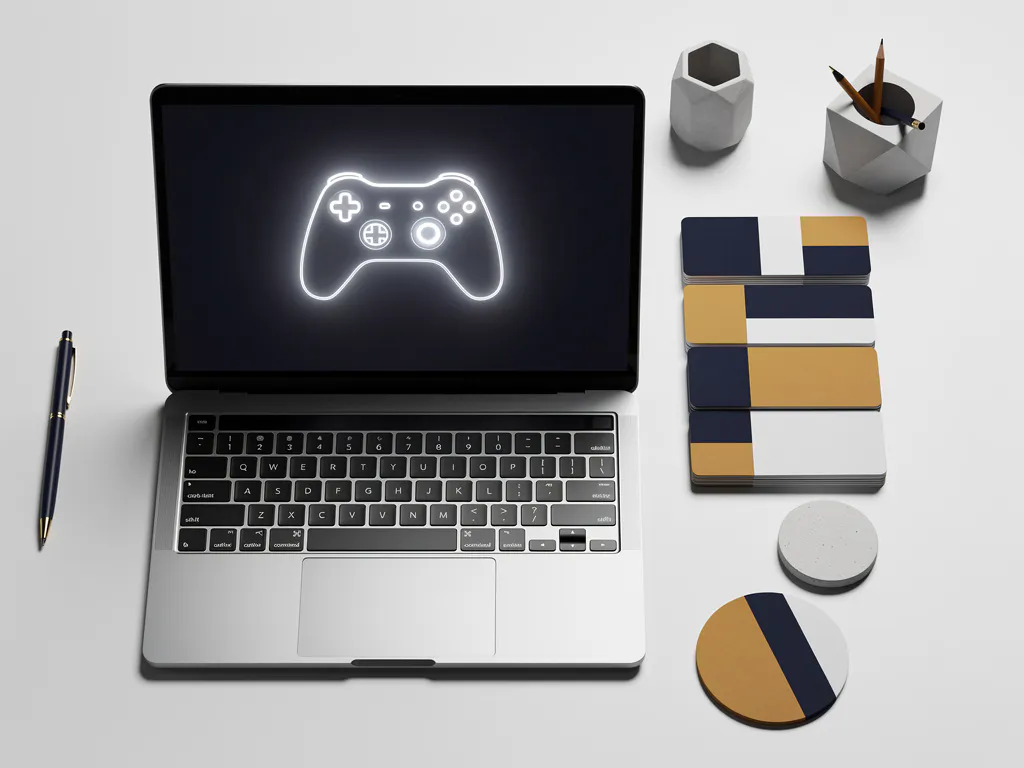 Laptop op wit bureau met gloeiend game-controller icoon naast gestapelde cursusmodules, strak ontwerp in marineblauw en amber.