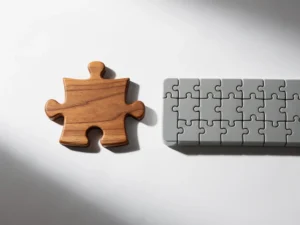 Op maat gemaakte houten puzzelstuk naast een rij identieke plastic stukjes op wit oppervlak, warme amberkleurige tinten.