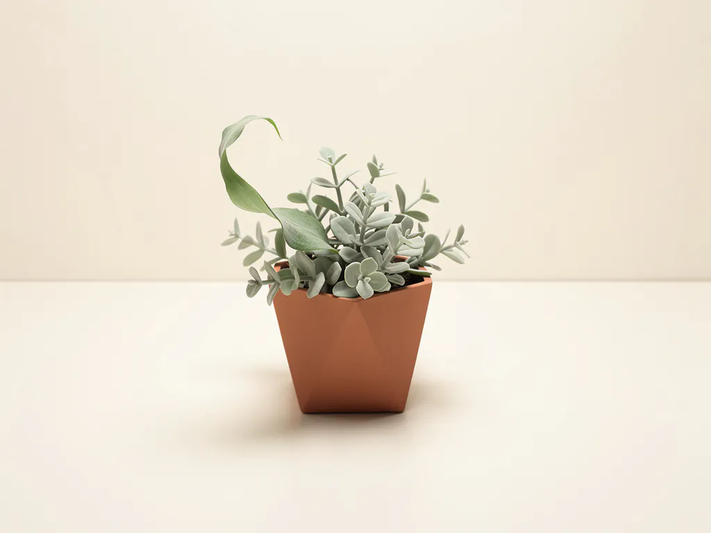 Salieplant in terracotta pot op wit bureau, bladeren omhoog en één blad terugkruллend, bovenaanzicht met zacht diffuus licht.

Let me redo that properly:

Salieplant in terracotta pot op wit bureau, bladeren omhoog gestrekt, bovenaanzicht met zacht diffuus licht en rustige sfeer.