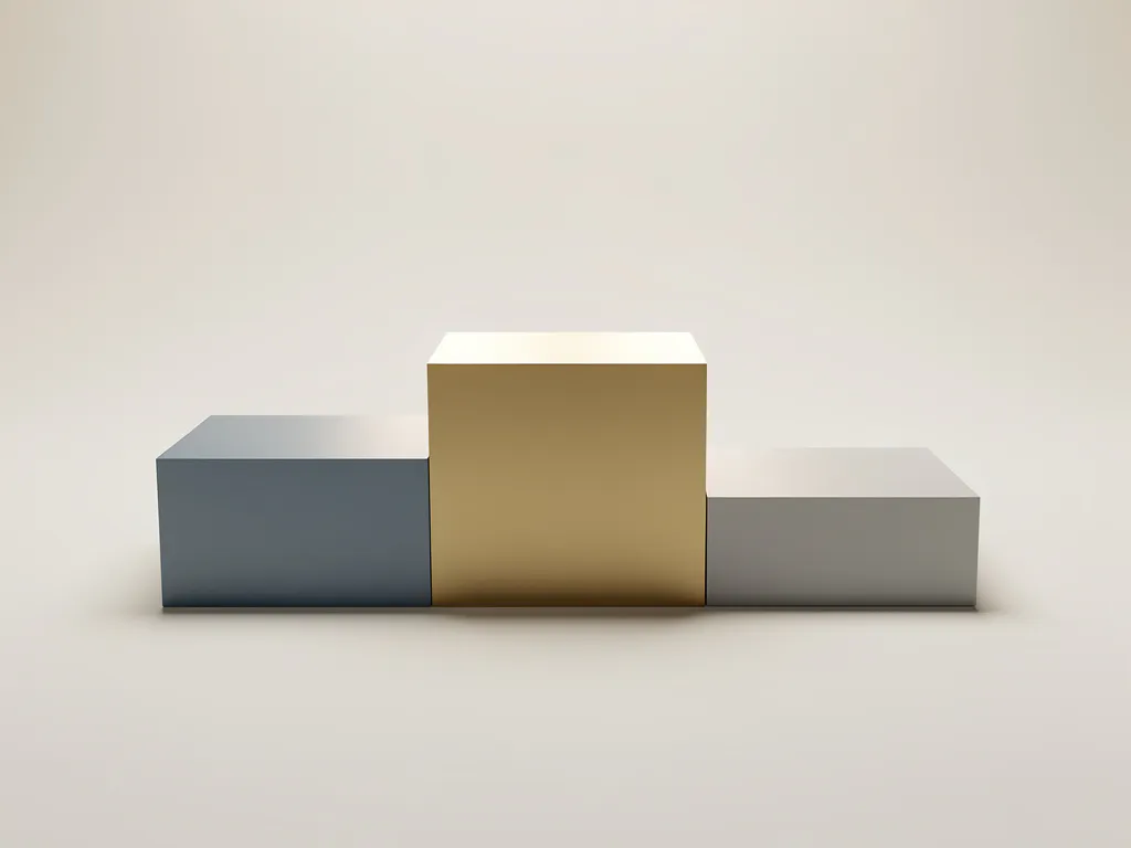 Minimalistisch podium met drie treden in gedempte goud-, leisteen- en grijstinten, waarbij het verlichte eerste platform een lange schaduw werpt.