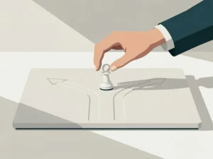 Hand boven een wit schaakstuk op een minimalistisch bord met twee ingegraveerde paden, zacht licht en geometrische schaduwen.