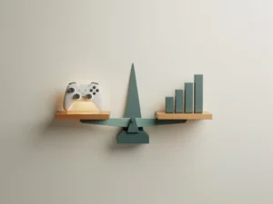 Evenwichtige weegschaal met gloeiende gamecontroller en staafdiagram, minimalistische compositie in teal en amber tinten.