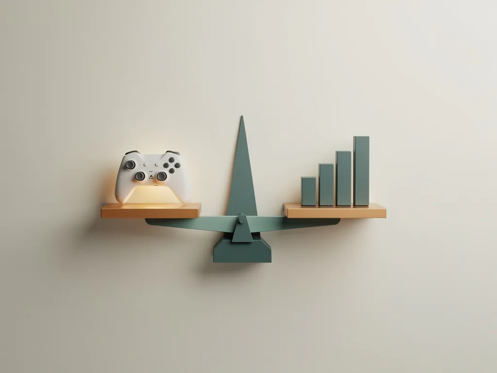 Evenwichtige weegschaal met gloeiende gamecontroller en staafdiagram, minimalistische compositie in teal en amber tinten.