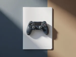 Gamecontroller op een witte documentmap op een minimalistische bureauondergrond, gefotografeerd van bovenaf in zacht zijlicht.