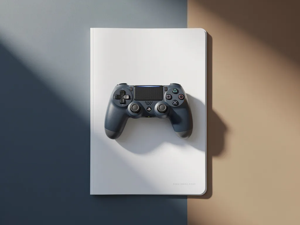 Gamecontroller op een witte documentmap op een minimalistische bureauondergrond, gefotografeerd van bovenaf in zacht zijlicht.