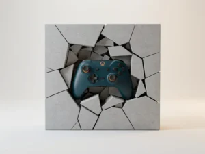 Gebarsten betonnen muur met een ingebedde gamecontroller in teal en amber, minimalistische digitale kunst.