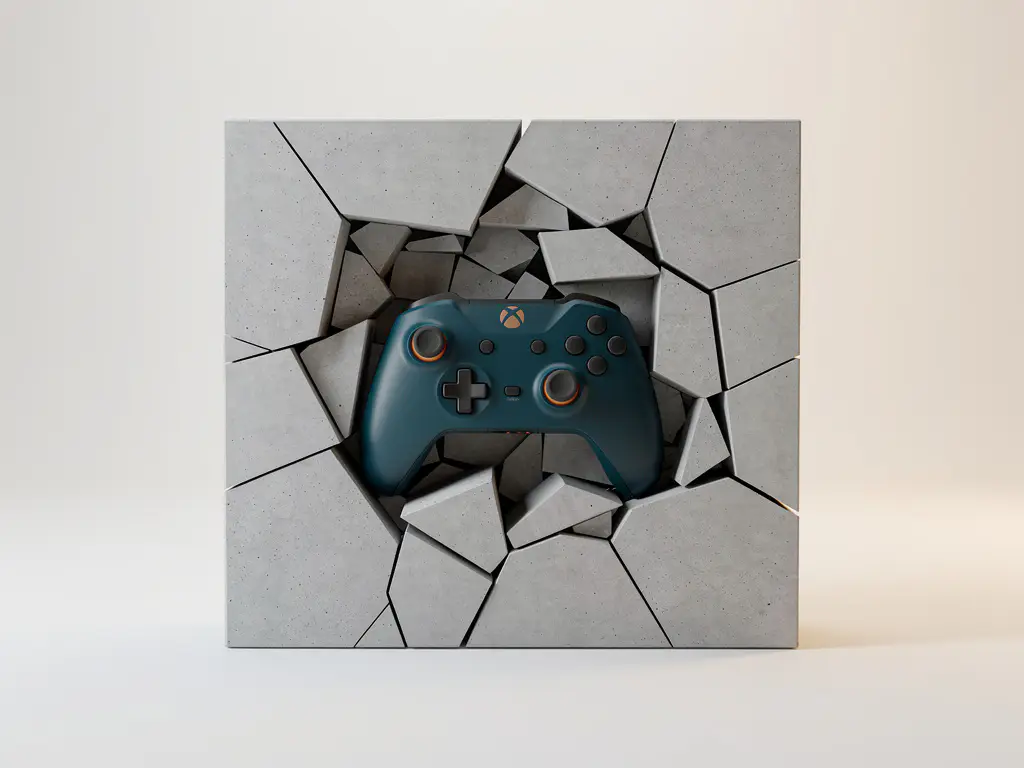 Gebarsten betonnen muur met een ingebedde gamecontroller in teal en amber, minimalistische digitale kunst.