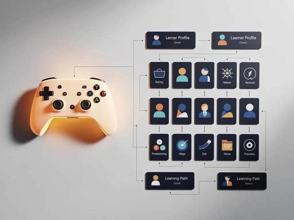 Gloeiende gamecontroller naast minimale leerlingprofielkaarten op bureau, verbonden via geometrische datapunten in marineblauw en amber.
