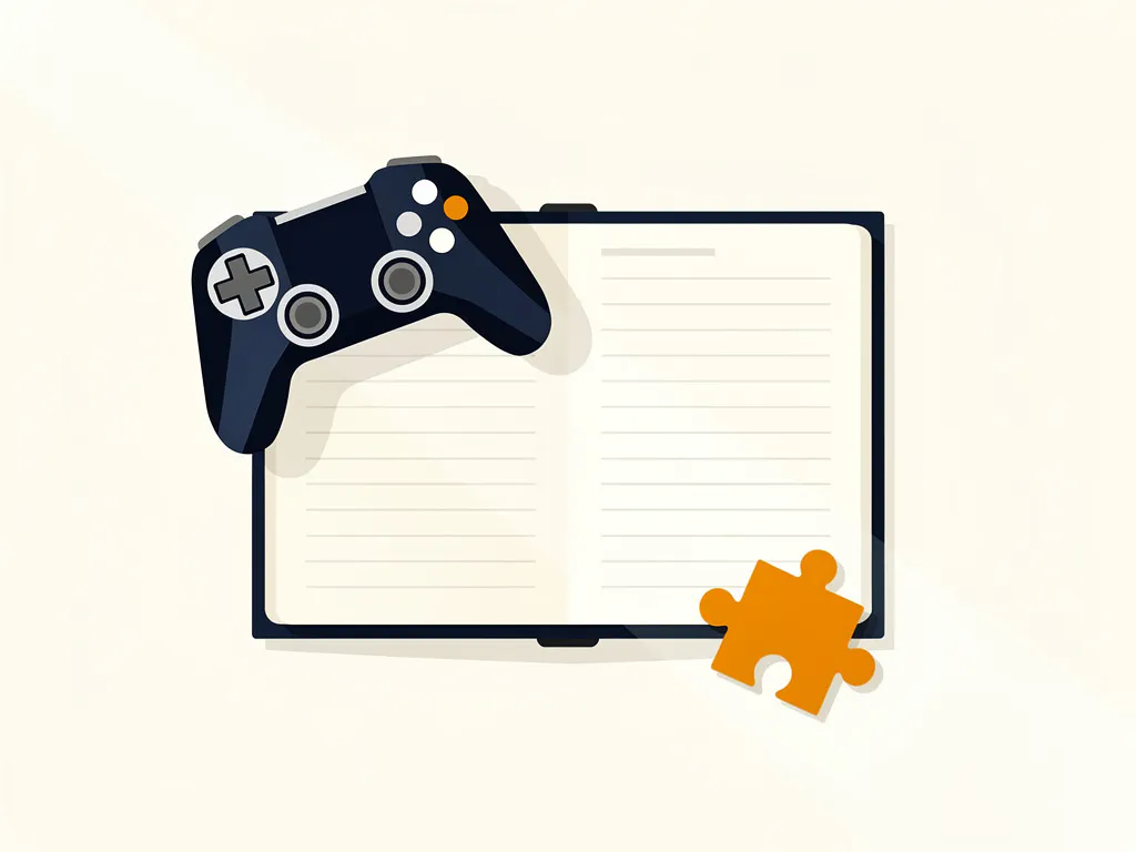 Spelcontroller en puzzelstukje op een open lesplanner, minimalistische compositie in marineblauw en amber.
