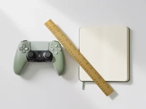 Strak bovenaanzicht van een gamecontroller en open notitieboek op wit bureau, verbonden door een messing liniaal als voortgangsbalk.