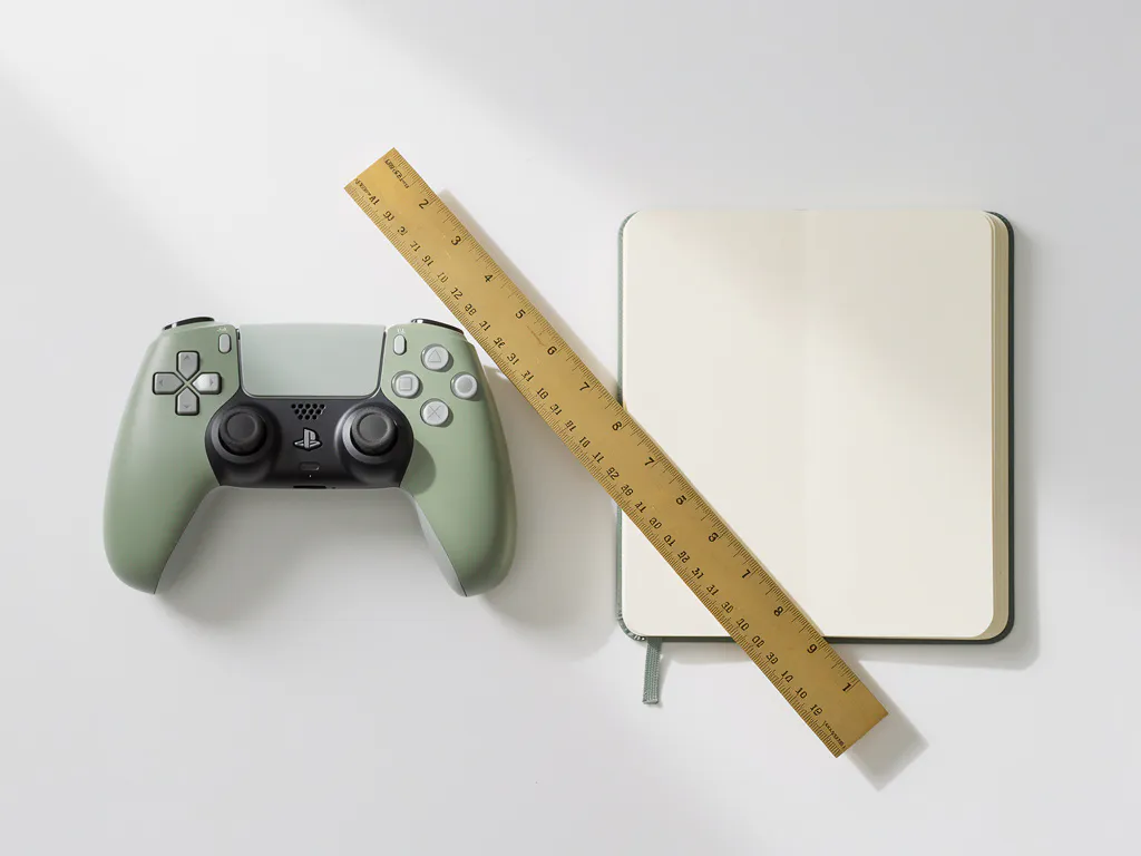 Strak bovenaanzicht van een gamecontroller en open notitieboek op wit bureau, verbonden door een messing liniaal als voortgangsbalk.