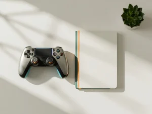 Game controller naast een stapel notitieboeken op een wit bureau, met een vetplant, geometrische schaduwen en een minimalistische compositie.