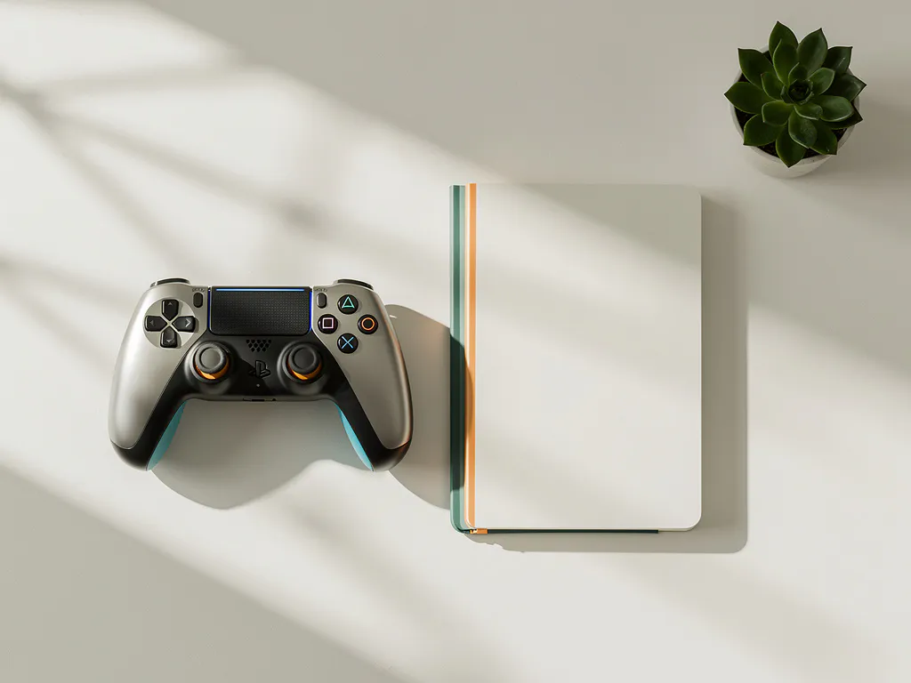 Game controller naast een stapel notitieboeken op een wit bureau, met een vetplant, geometrische schaduwen en een minimalistische compositie.