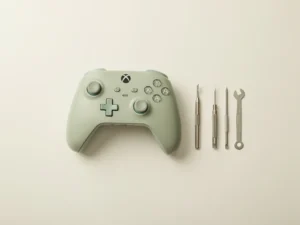 Gamecontroller rechtop op wit bureau naast miniatuursleutelset, platte lay met saliegroen en gebroken witte tinten.