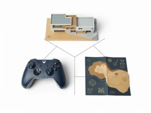 Game controller, architectuurmaquette en tactische kaart in driehoeksopstelling op wit oppervlak, verbonden door geometrische lijnen.