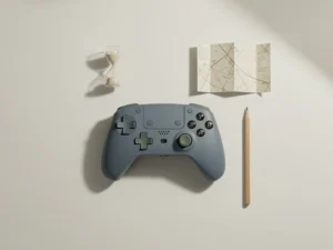 Gamecontroller op wit bureau naast een zandloper, gevouwen kaart en potlood in een minimalistische flat-lay compositie.