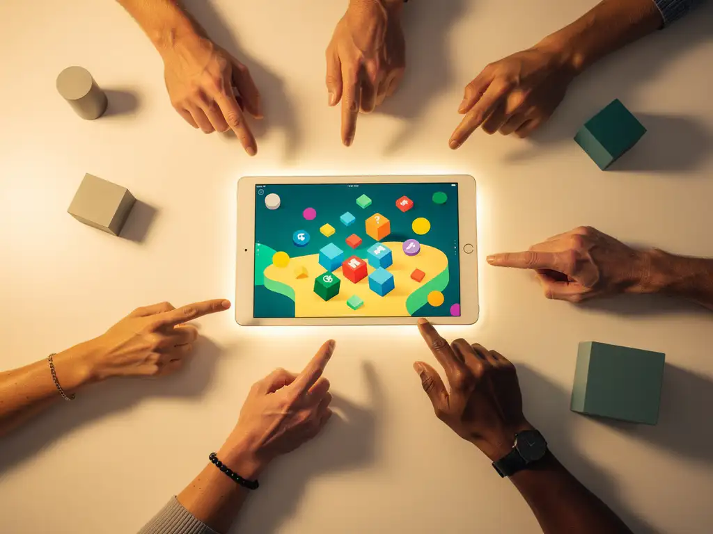Diverse handen reiken naar een gloeiende tablet met kleurrijke game-interface op een wit bureau in warm amberkleurig licht.