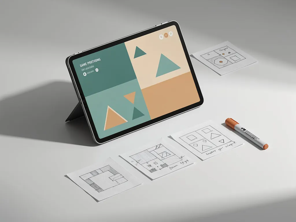 Tablet met spelprototype op wit bureau, omringd door papieren schetsen en een gekleurde marker in gedempte teal- en zandtinten.