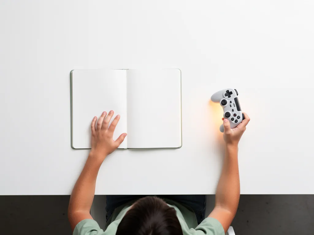 Jongere aan wit bureau met notitieboek en gloeiende gamecontroller, salie- en amberkleurige tinten, minimalistisch bovenaanzicht.