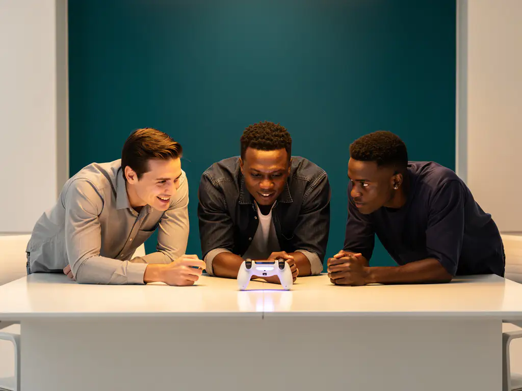 Drie professionals buigen samen over een minimalistisch bureau met een verlichte gamecontroller als middelpunt, in een strakke witte ruimte met een blauwgroene accentmuur.