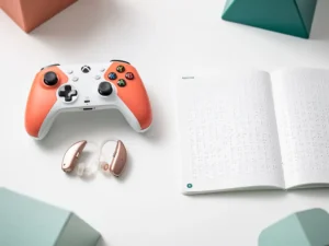 Kleurrijke gamecontroller op wit bureau naast hoorapparaten en braille-boekje, inclusieve speelomgeving in koraal, wit en blauwgroen.