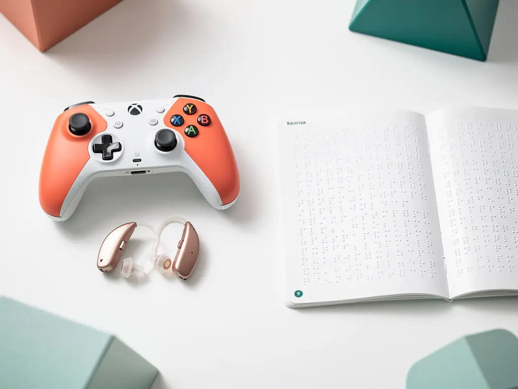 Kleurrijke gamecontroller op wit bureau naast hoorapparaten en braille-boekje, inclusieve speelomgeving in koraal, wit en blauwgroen.
