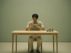 Persoon die een complexe handvaardigheid oefent aan een houten bureau, met een geometrische gamecontroller ongebruikt naast zich.